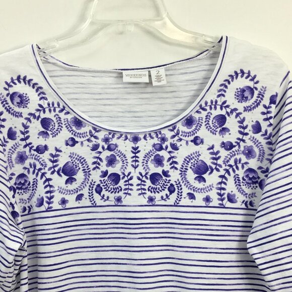 Weekends By Chico's Long Sleeve Strip and Floral Purple and White Top Size - Picture 2 of 6